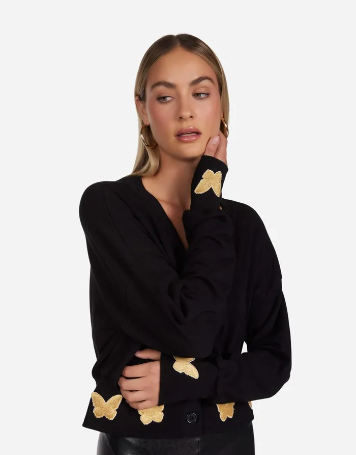 Camas Gold Butterfly Patches Black Women039s Lauren Moshi Sweaters and Knits