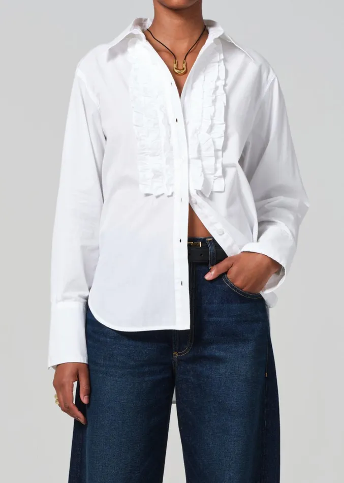Citizens Of Humanity Ruffle Tuxedo Shirt In White Women Tops