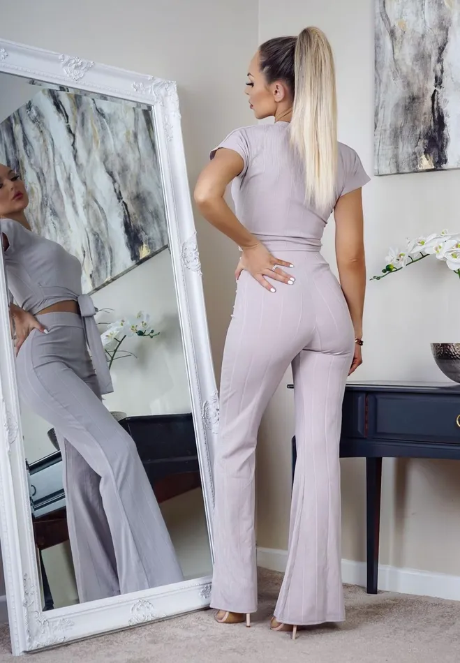 Claire Grey Ribbed Wide Leg CoOrd Set Women Missfiga LoungewearTracksuits