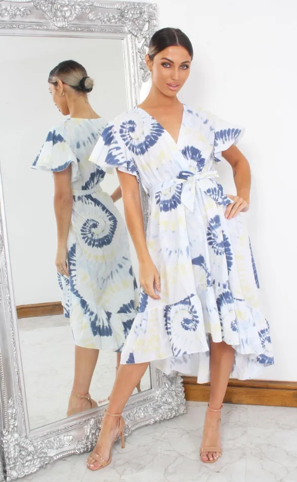 Clara Blue Tie Dye Wrap Dipped Hem Ruffle Skater Dress Women Missfiga Wrap Dresses