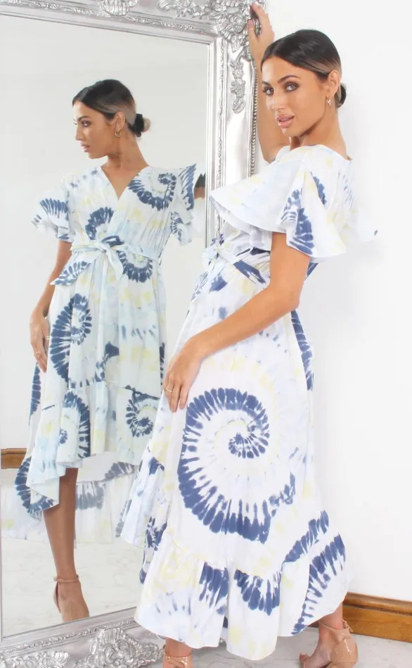 Clara Blue Tie Dye Wrap Dipped Hem Ruffle Skater Dress Women Missfiga Wrap Dresses