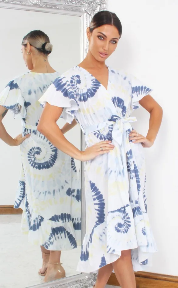 Clara Blue Tie Dye Wrap Dipped Hem Ruffle Skater Dress Women Missfiga Wrap Dresses