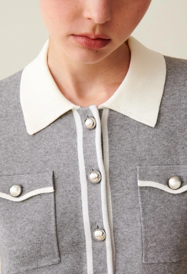 Claudie Pierlot Light Grey Collared Cardigan Dualcolor Women Knitwear And Cardigans Claudie Pierlot Light Grey Collared Cardigan Dualcolor Women Knitwear And Cardigans
