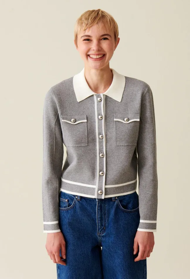 Claudie Pierlot Light Grey Collared Cardigan Dualcolor Women Knitwear And Cardigans Claudie Pierlot Light Grey Collared Cardigan Dualcolor Women Knitwear And Cardigans