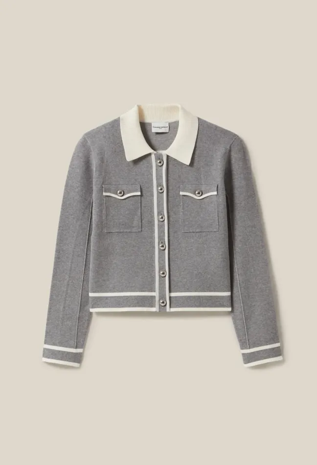 Claudie Pierlot Light Grey Collared Cardigan Dualcolor Women Knitwear And Cardigans Claudie Pierlot Light Grey Collared Cardigan Dualcolor Women Knitwear And Cardigans