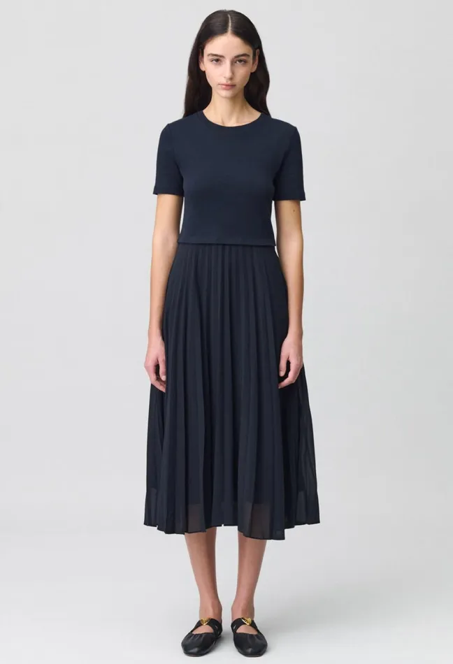 Claudie Pierlot Long DualFabric Teli Dress Navy Women Dresses