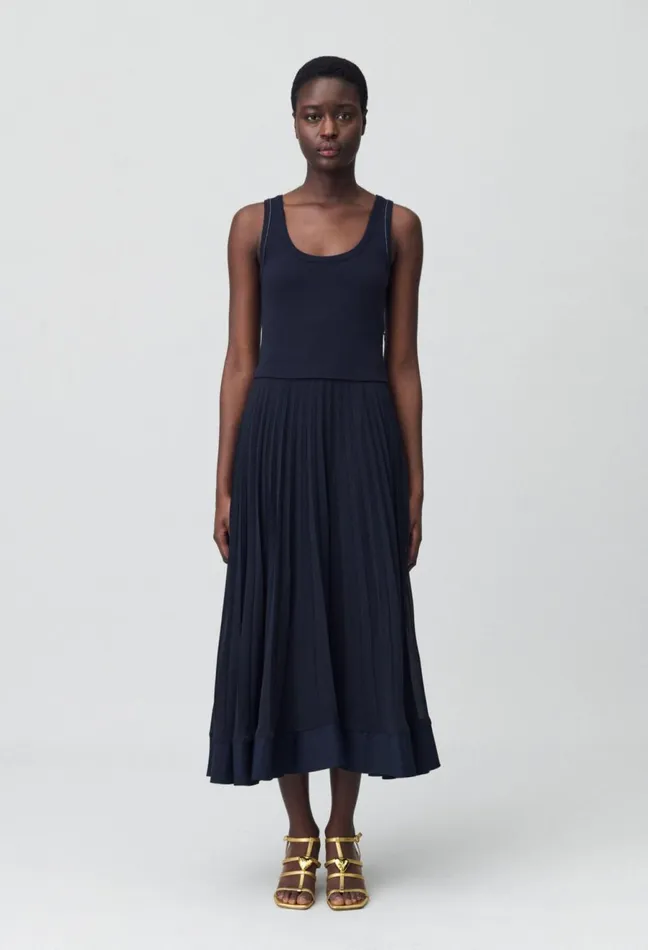 Claudie Pierlot Navy Blue Long Pleated Dress Deep Navy Women Dresses Claudie Pierlot Navy Blue Long Pleated Dress Deep Navy Women Dresses
