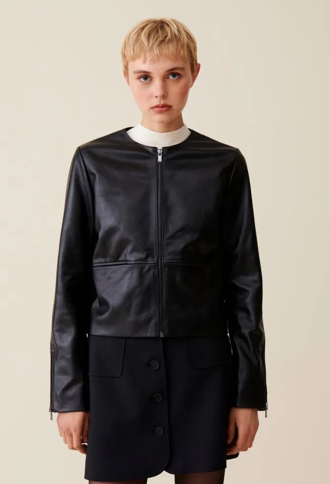 Claudie Pierlot Short Round Neck Leather Jacket Black Women Jackets Claudie Pierlot Short Round Neck Leather Jacket Black Women Jackets