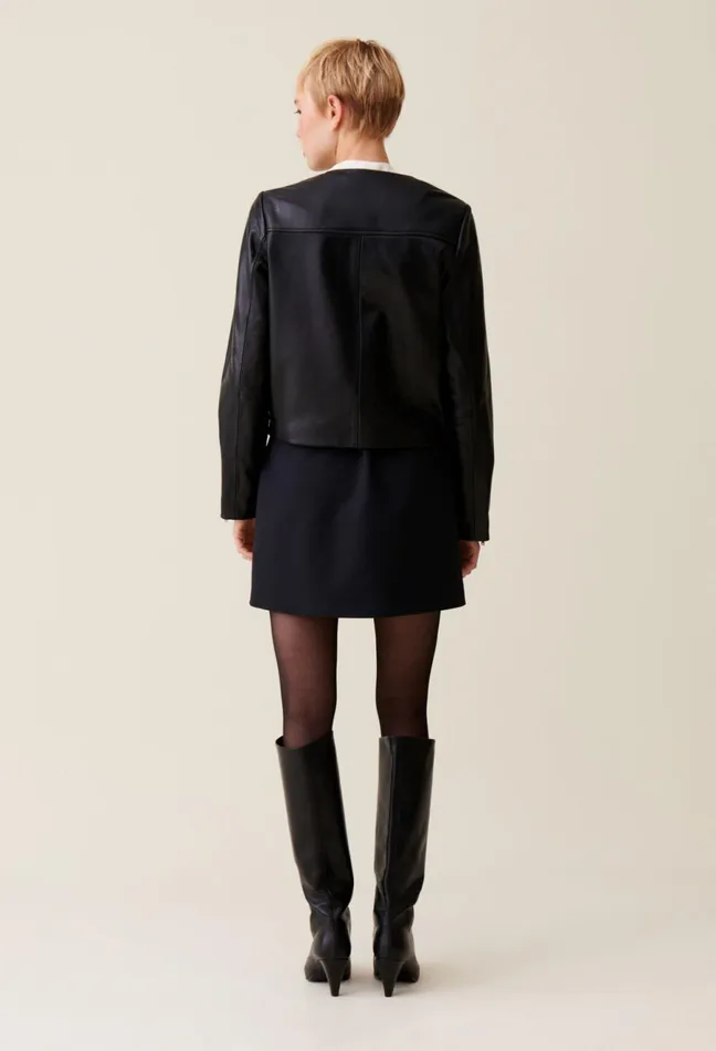 Claudie Pierlot Short Round Neck Leather Jacket Black Women Jackets Claudie Pierlot Short Round Neck Leather Jacket Black Women Jackets