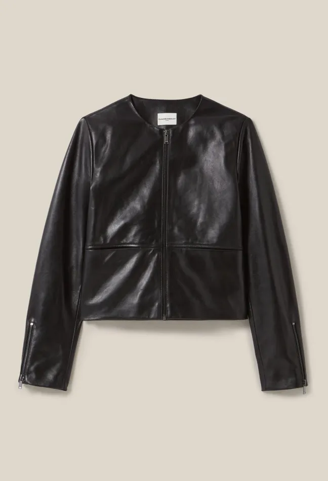 Claudie Pierlot Short Round Neck Leather Jacket Black Women Jackets Claudie Pierlot Short Round Neck Leather Jacket Black Women Jackets