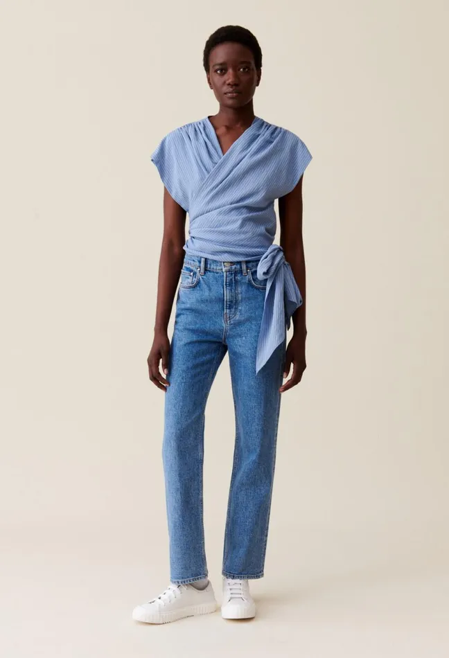 Claudie Pierlot Striped Wrap Blouse Sky Blue Women Tops And Shirts