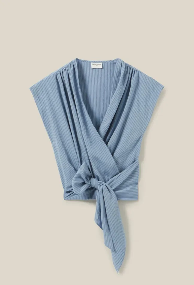 Claudie Pierlot Striped Wrap Blouse Sky Blue Women Tops And Shirts Claudie Pierlot Striped Wrap Blouse Sky Blue Women Tops And Shirts