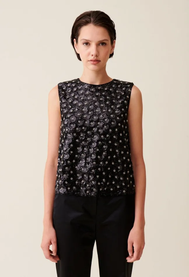 Claudie Pierlot Top Embroidered Sequins Open Back Black Women Tops And Shirts Claudie Pierlot Top Embroidered Sequins Open Back Black Women Tops And Shirts
