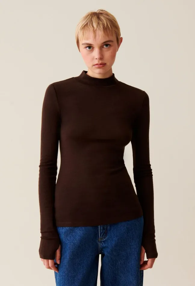 Claudie Pierlot Wool Top With Long Sleeves Chocolate Women Knitwear And Cardigans Claudie Pierlot Wool Top With Long Sleeves Chocolate Women Knitwear And Cardigans