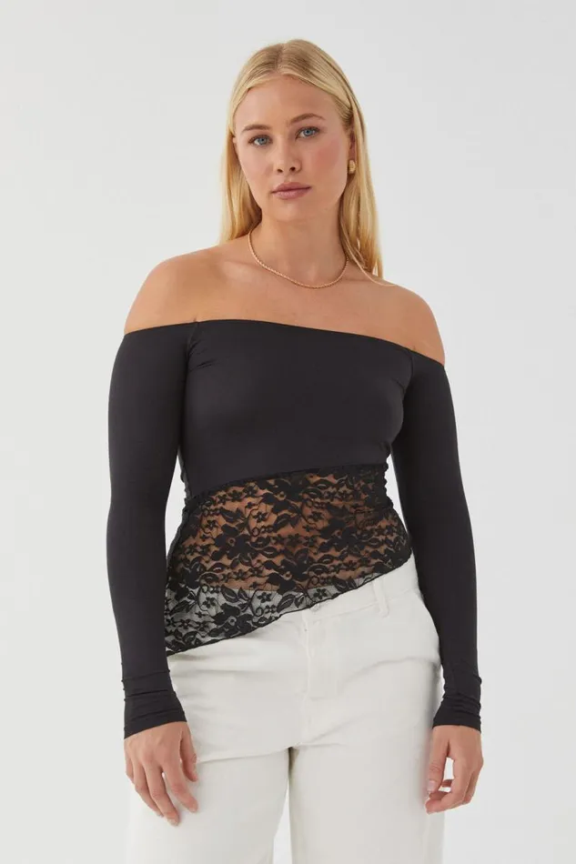 Clothing Supr Long Sleeve Tops Nessa Splice Off Shoulder Top Black