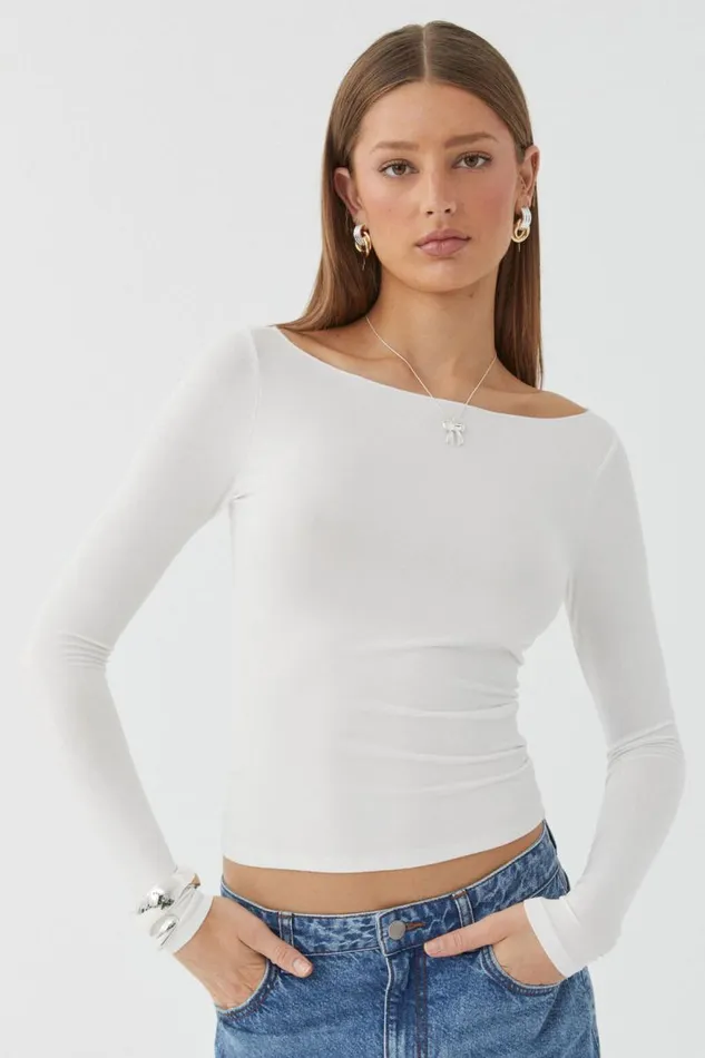 Clothing Supr Long Sleeve Tops Soft Boat Neck Long Sleeve Top Summer White