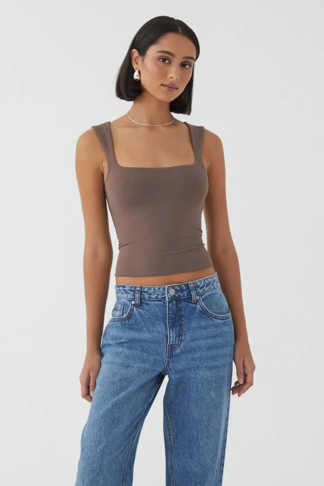 Clothing Supr Luxe Essentials Luxe Open Neck Top Brown Carob