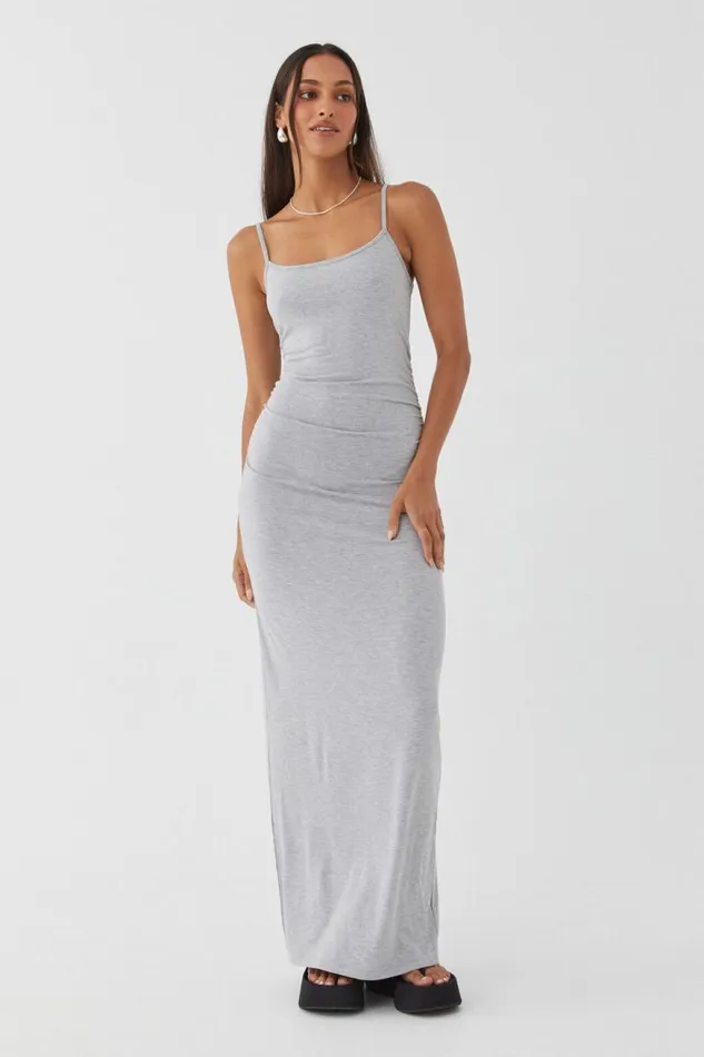 Clothing Supr Maxi Dresses Soft Strappy Ruched Maxi Dress Grey Marle