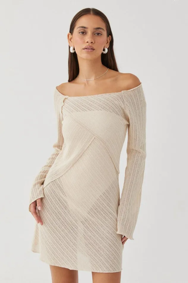Clothing Supr Mini Dresses Jessa Bell Sleeve Knit Mini Dress Vanilla Beige
