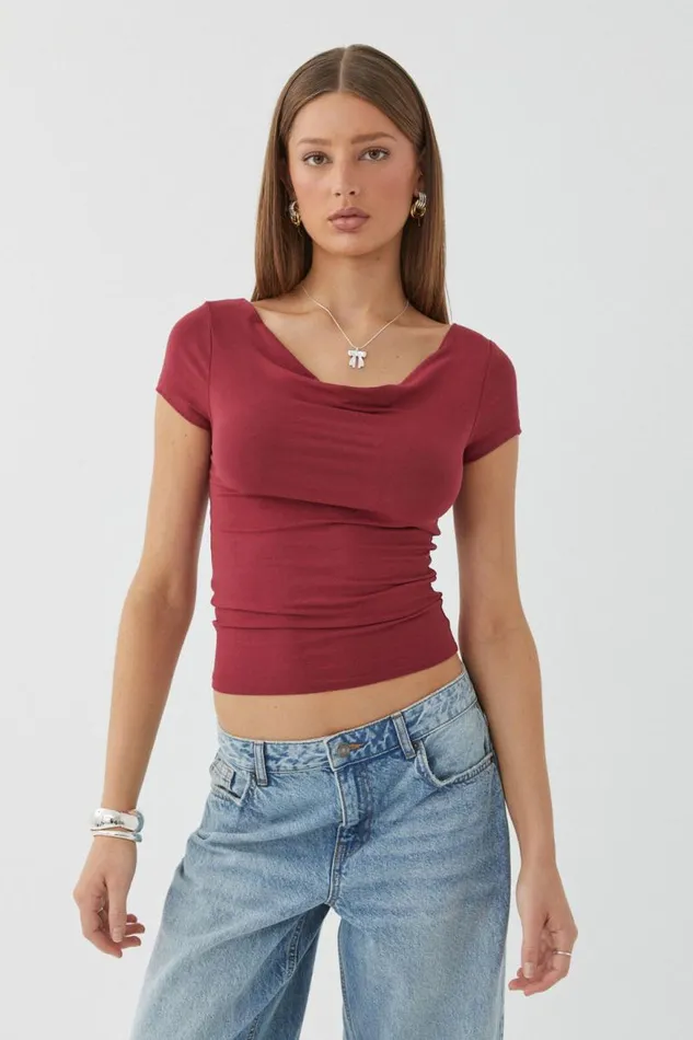 Clothing Supr T Shirts Soft Cowl Neck Tee Deep Cherry