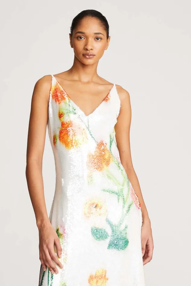 Cocktail Women Halston Caralyn Dress In Floral Sequin Chalk Blurred Floral