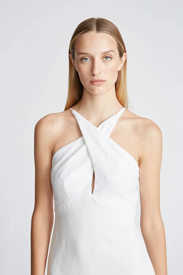 Cocktail Women Halston Diletta Dress In SequinsCrepe Chalk
