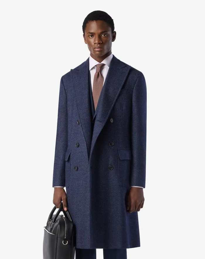 Corneliani Outerwear And Coats Denimblue Herringbone Wool Coat For Men 8211 Men