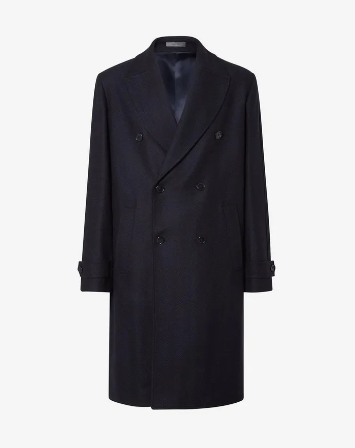 Corneliani Outerwear And Coats Navy Blue Herringbone Wool Doublebreasted Coat 8211 Men