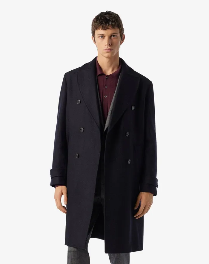 Corneliani Outerwear And Coats Navy Blue Herringbone Wool Doublebreasted Coat 8211 Men