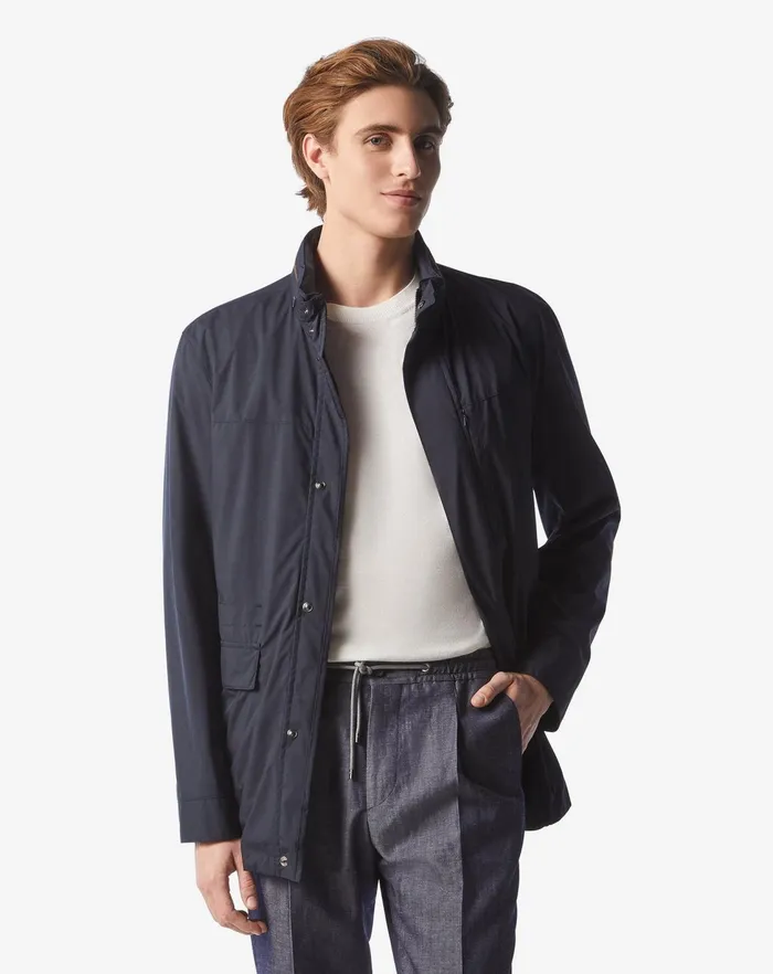 Corneliani Outerwear And Coats Navy Blue Waterrepellent Fabric Caban 8211 Men