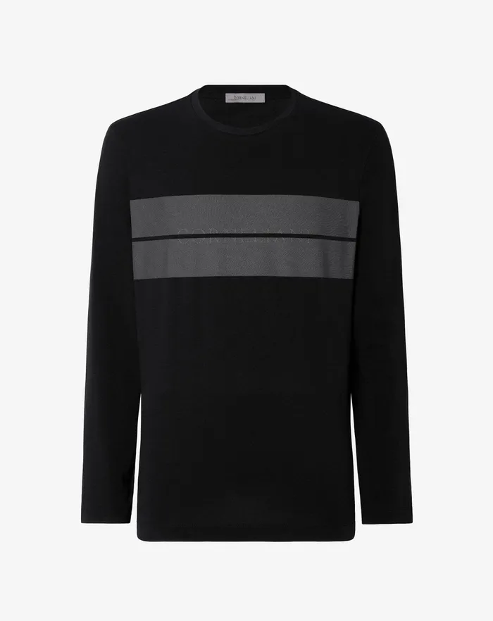 Corneliani Polos and TShirts Black Stretch Jersey Longsleeved Crew Neck Tshirt For Men 8211 Men