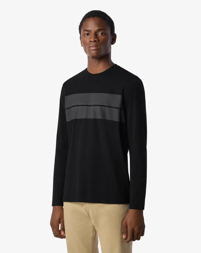 Corneliani Polos and TShirts Black Stretch Jersey Longsleeved Crew Neck Tshirt For Men 8211 Men