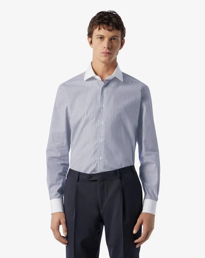 Corneliani Shirts Blue Striped Wrinklefree Cotton Shirt 8211 Men
