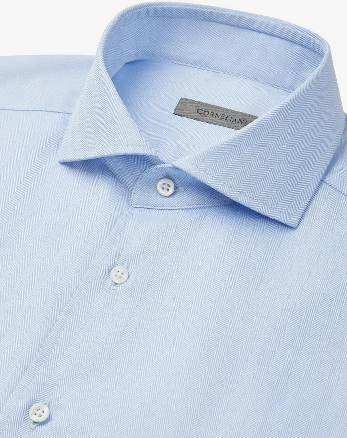 Corneliani Shirts Light Blue Cotton Stretch Shirt With Micro Pattern 8211 Men