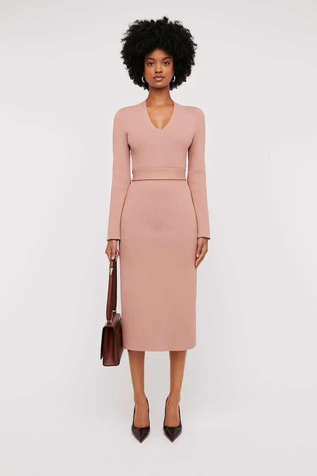 CREPE KNIT LONG SLEEVE V NECK DRESS POWDER Dresses Scanlan Theodore Women