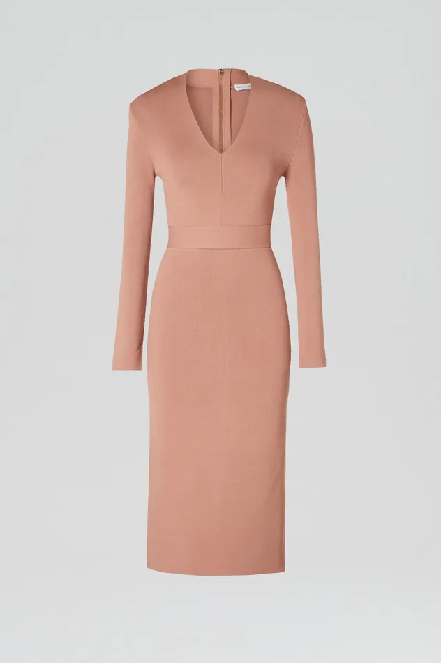 CREPE KNIT LONG SLEEVE V NECK DRESS POWDER Dresses Scanlan Theodore Women CREPE KNIT LONG SLEEVE V NECK DRESS POWDER Dresses Scanlan Theodore Women