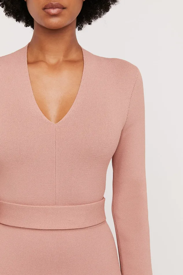 CREPE KNIT LONG SLEEVE V NECK DRESS POWDER Dresses Scanlan Theodore Women CREPE KNIT LONG SLEEVE V NECK DRESS POWDER Dresses Scanlan Theodore Women