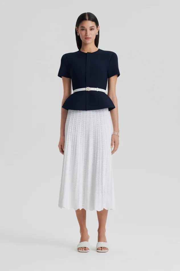CREPE KNIT SHORT SLEEVE PEPLUM JACKET NAVY Women Jackets Scanlan Theodore
