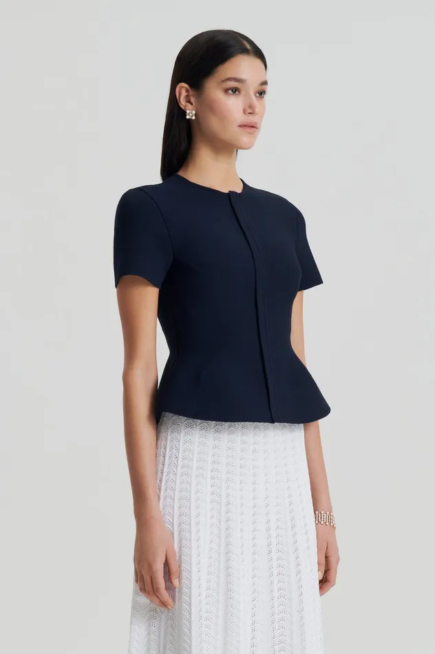 CREPE KNIT SHORT SLEEVE PEPLUM JACKET NAVY Women Jackets Scanlan Theodore