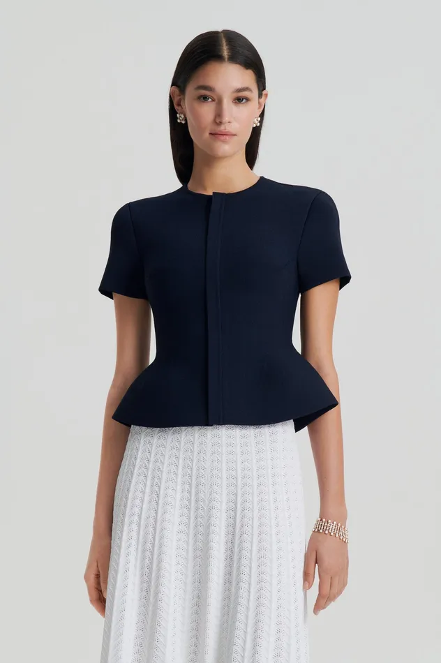 CREPE KNIT SHORT SLEEVE PEPLUM JACKET NAVY Women Jackets Scanlan Theodore