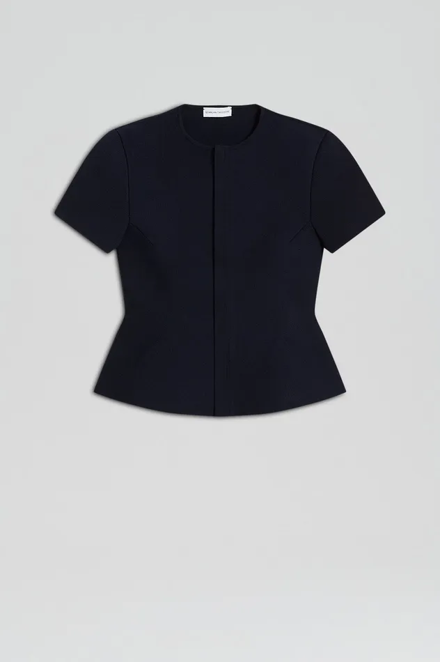CREPE KNIT SHORT SLEEVE PEPLUM JACKET NAVY Women Jackets Scanlan Theodore