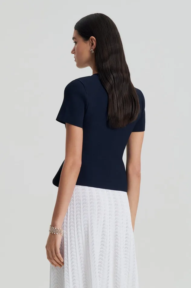 CREPE KNIT SHORT SLEEVE PEPLUM JACKET NAVY Women Jackets Scanlan Theodore
