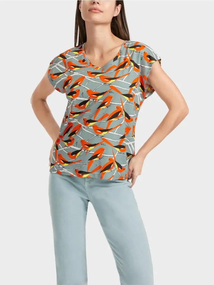 Damen Marc Cain Shirts and Tops rmelloses TShirt Im VogelDessin Dark Sky Blue