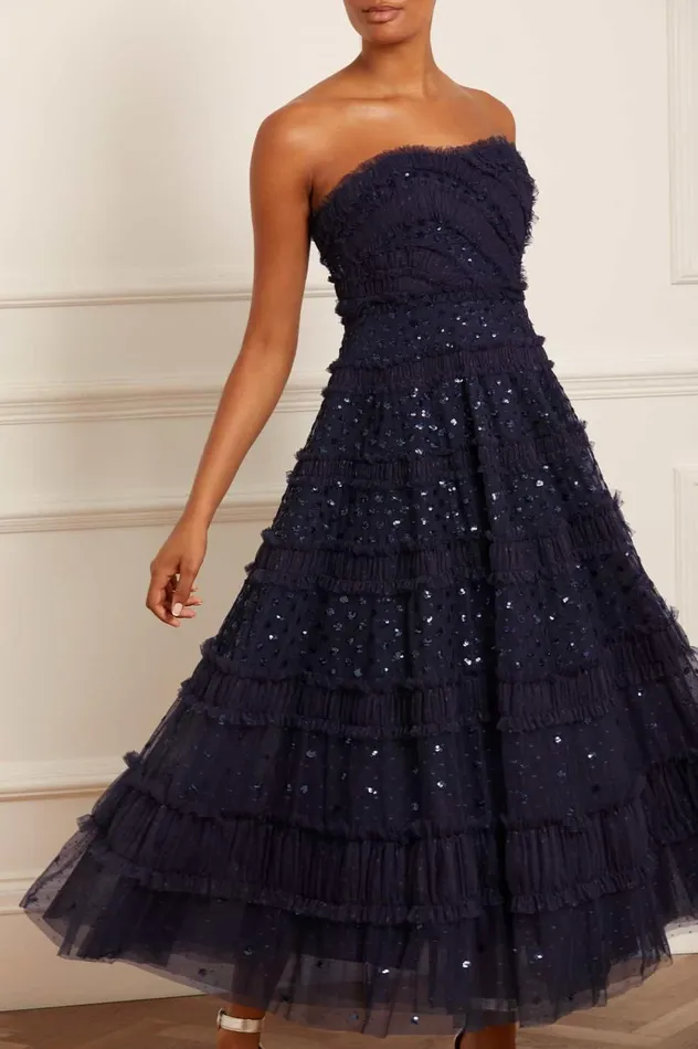 Dot Shimmer Tiered Strapless Ankle Gown Blue Women Needle and Thread Dresses