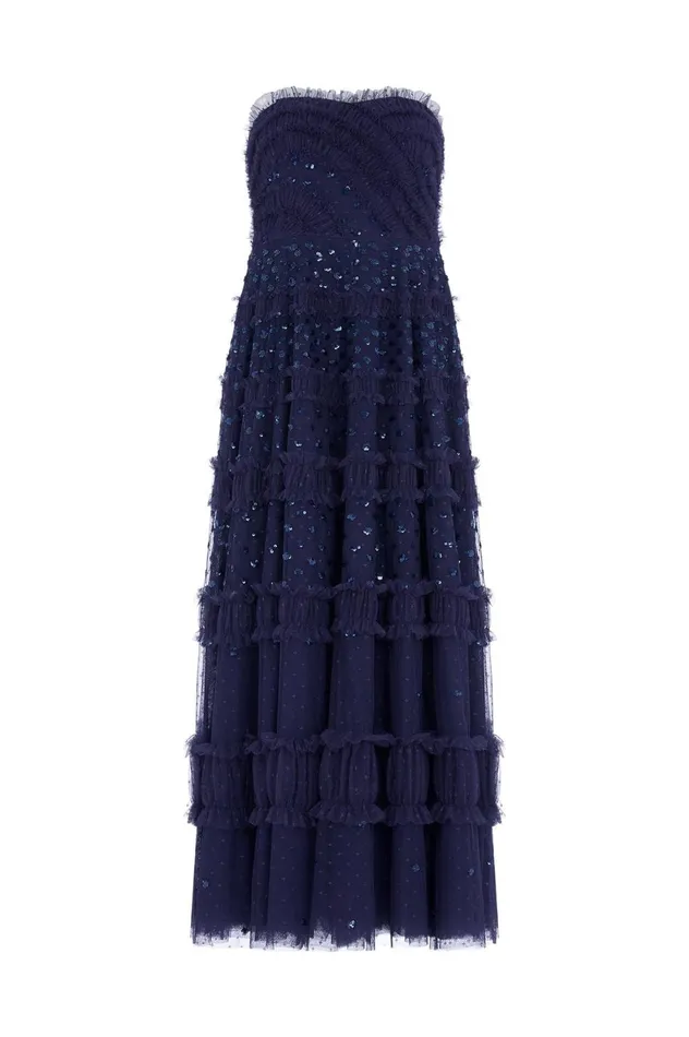 Dot Shimmer Tiered Strapless Ankle Gown Blue Women Needle and Thread Dresses