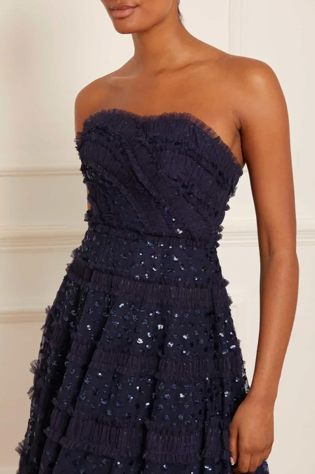 Dot Shimmer Tiered Strapless Ankle Gown Blue Women Needle and Thread Dresses