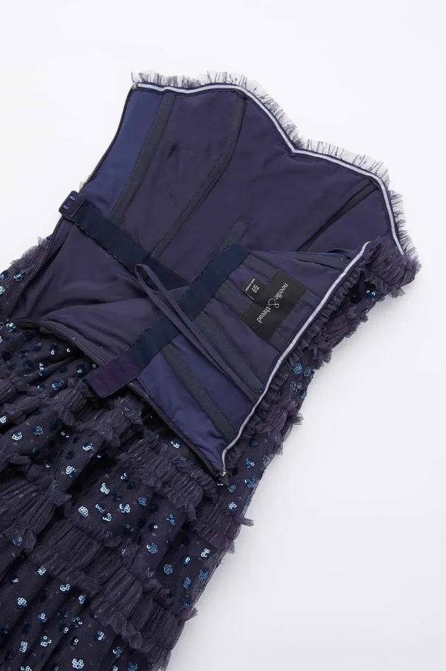 Dot Shimmer Tiered Strapless Ankle Gown Blue Women Needle and Thread Dresses