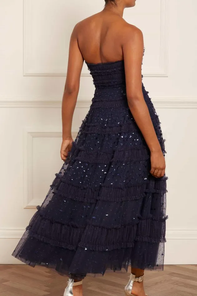 Dot Shimmer Tiered Strapless Ankle Gown Blue Women Needle and Thread Dresses