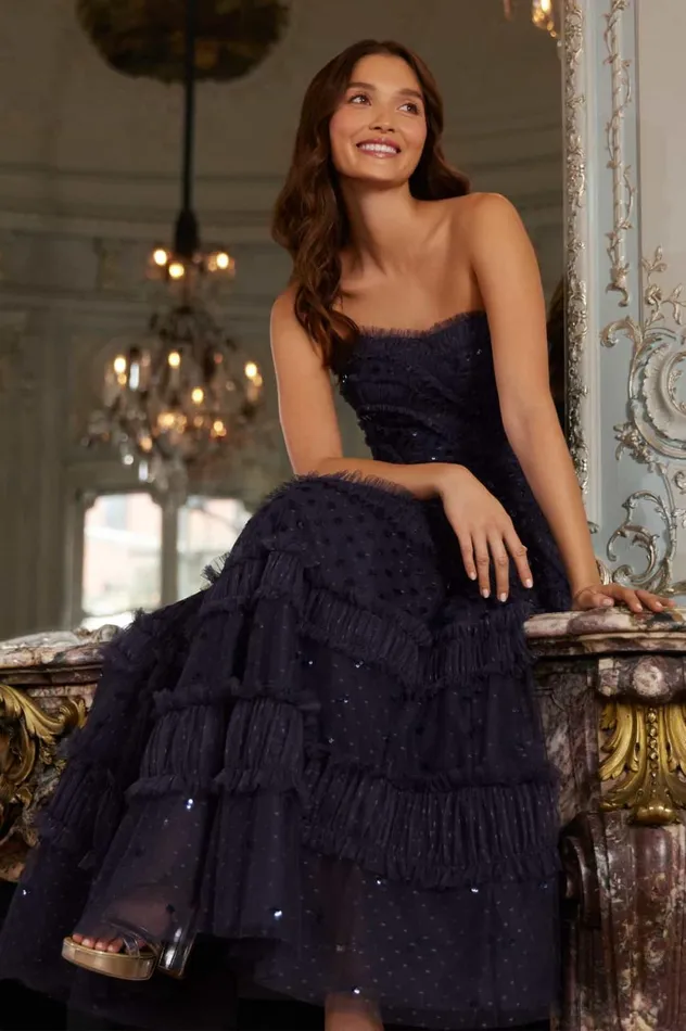 Dot Shimmer Tiered Strapless Ankle Gown Blue Women Needle and Thread Dresses