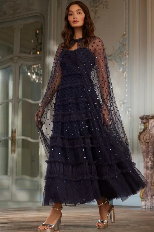 Dot Shimmer Tiered Strapless Ankle Gown Blue Women Needle and Thread Dresses